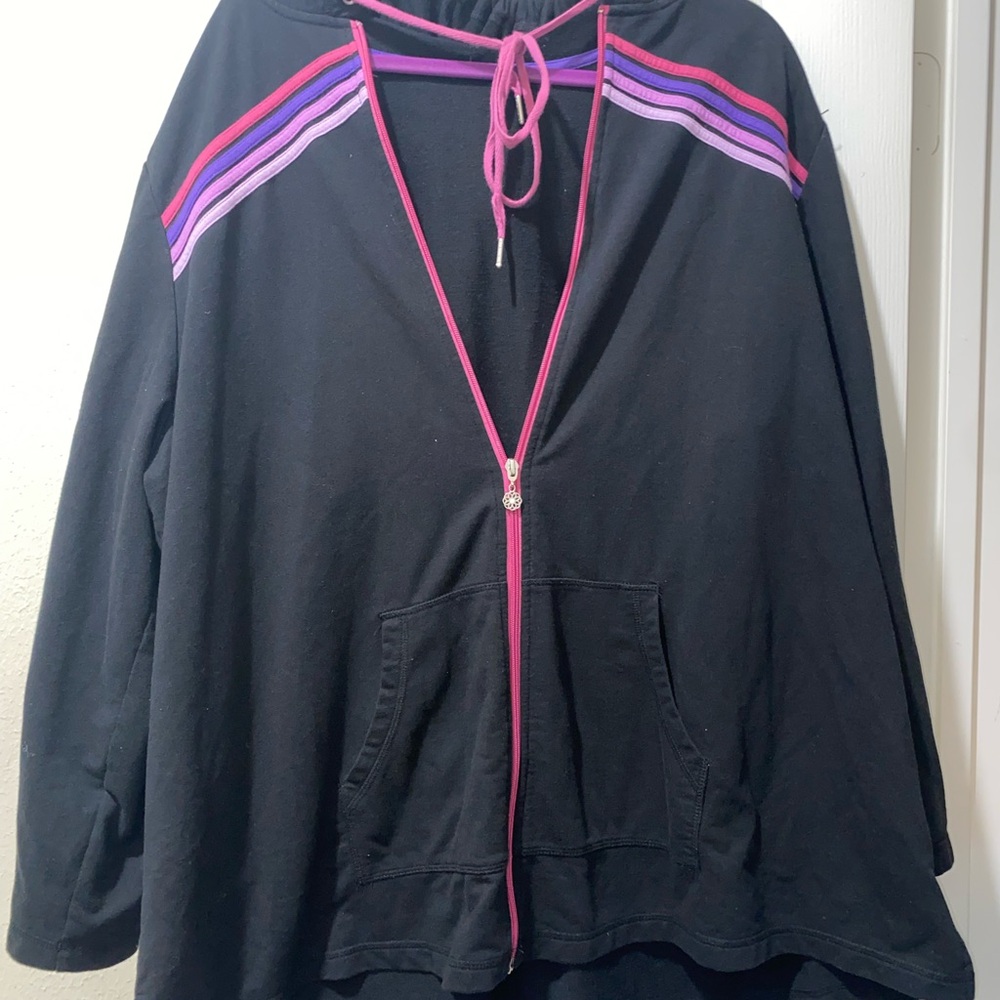 black hoodie with pink and purple accents